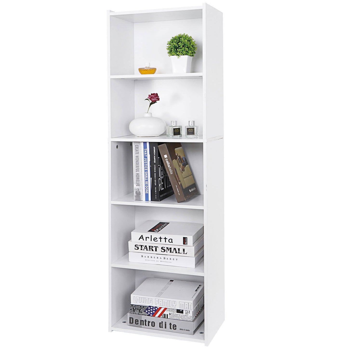 5-Tier Open Shelf Bookcase for Modern Home Storage – Reversible White Bookshelf for Living Room, Office, or Bedroom, Sturdy Wood Display Shelves