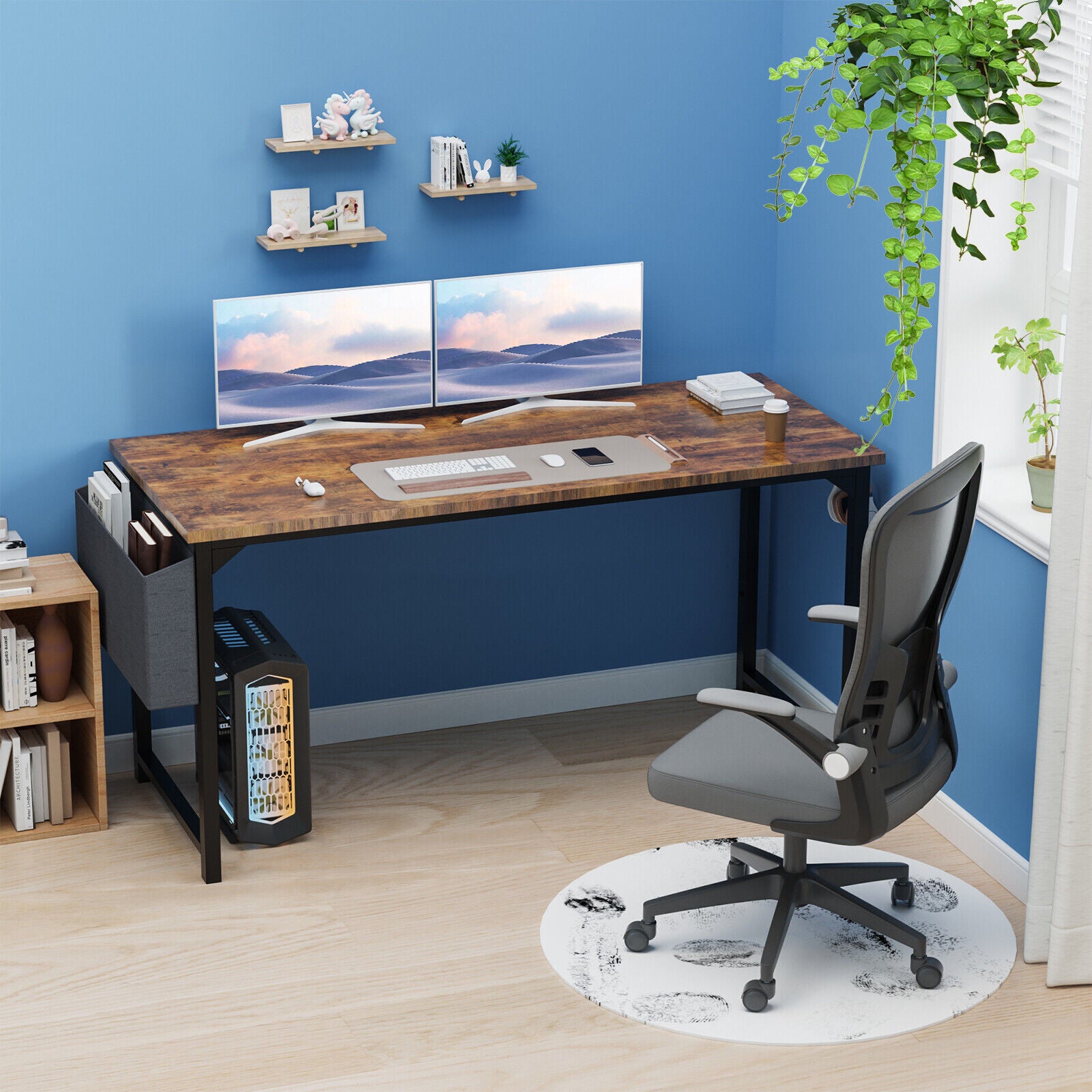 Computer Office Desk Writing Study Work Modern Simple Style Wooden Table with Storage Bag & Iron Hook for Home Bedroom