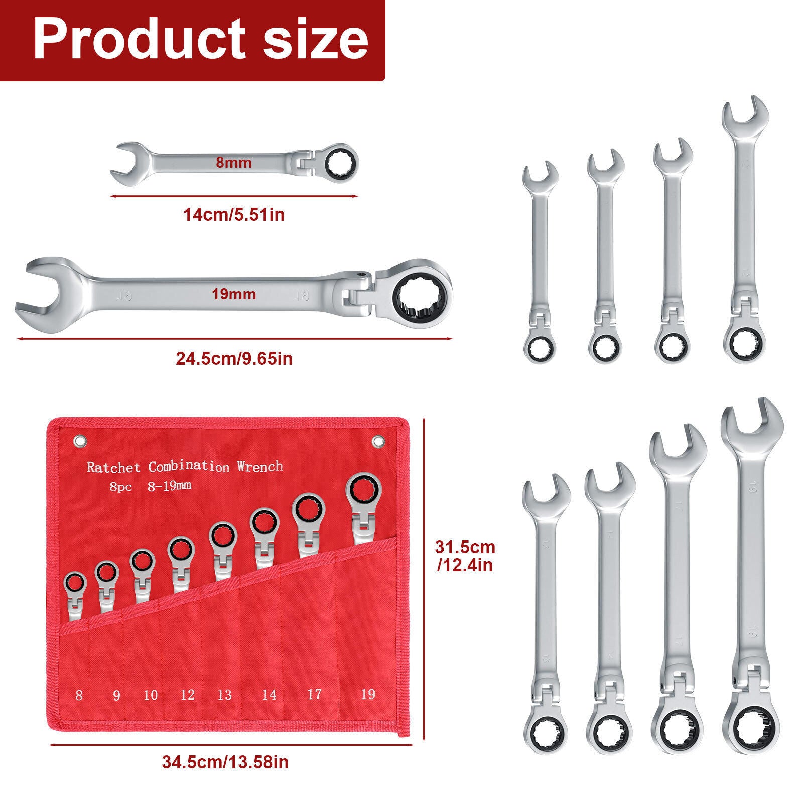 8Pcs Flexible Head Ratcheting Wrench Set 8-19mm – Metric Spanner Tools with 72-Tooth Ratchet, Chrome Vanadium Steel, Roll-Up Storage Pouch