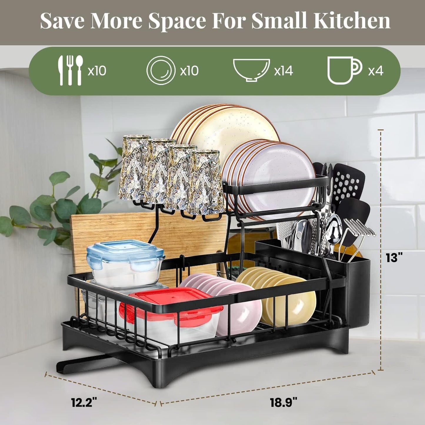 Dish Drying Rack 2-Tier Large - Carbon Steel, Utensil Holder, Drainboard, Fast Drainage, Easy Tool-Free Assembly for Kitchen Countertop Storage Drying