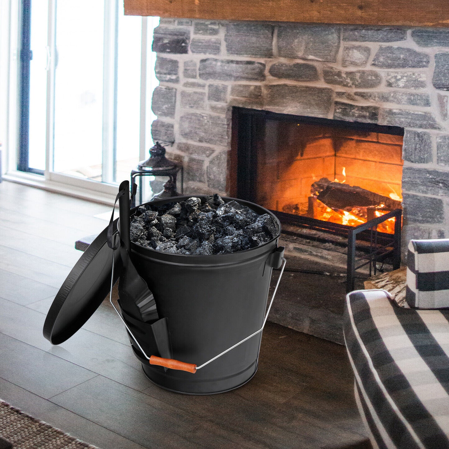 5.15 Gallon Metal Ash Bucket with Lid & Shovel – Fireplace Ash Removal for Fire Pits, Stoves, & Fireplaces, Easy Cleanup, Durable Handle & Wooden Grip