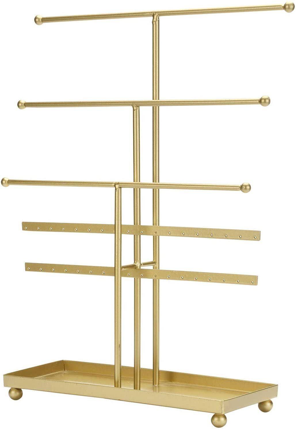 Gold Metal Jewelry Organizer - 5-Tier Tabletop Display Rack with T-Bars, Earring Holder for 18 Pairs, Ring Tray - Perfect for Home or Boutique