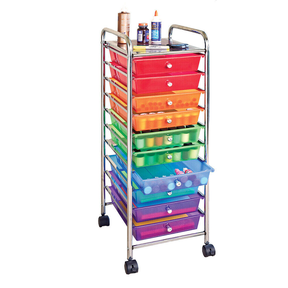 10-Drawer Organizer Cart with Chrome Finish | Classics Rolling Storage Cart for Home, Office, Crafts, and Classroom | Colorful & Versatile