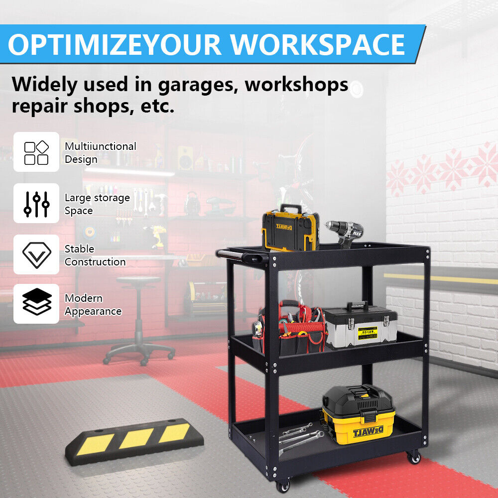 3-Tier Rolling Tool Cart with Wheels - Heavy-Duty Utility Work Cart, 400lbs Capacity, Side Tool Slots & Locking Casters for Garage, Workshop, Home Use