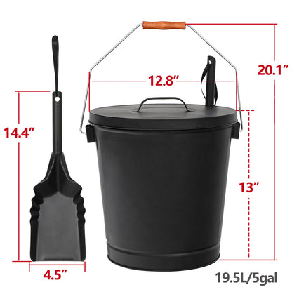 5.15 Gallon Metal Ash Bucket with Lid & Shovel – Fireplace Ash Removal for Fire Pits, Stoves, & Fireplaces, Easy Cleanup, Durable Handle & Wooden Grip