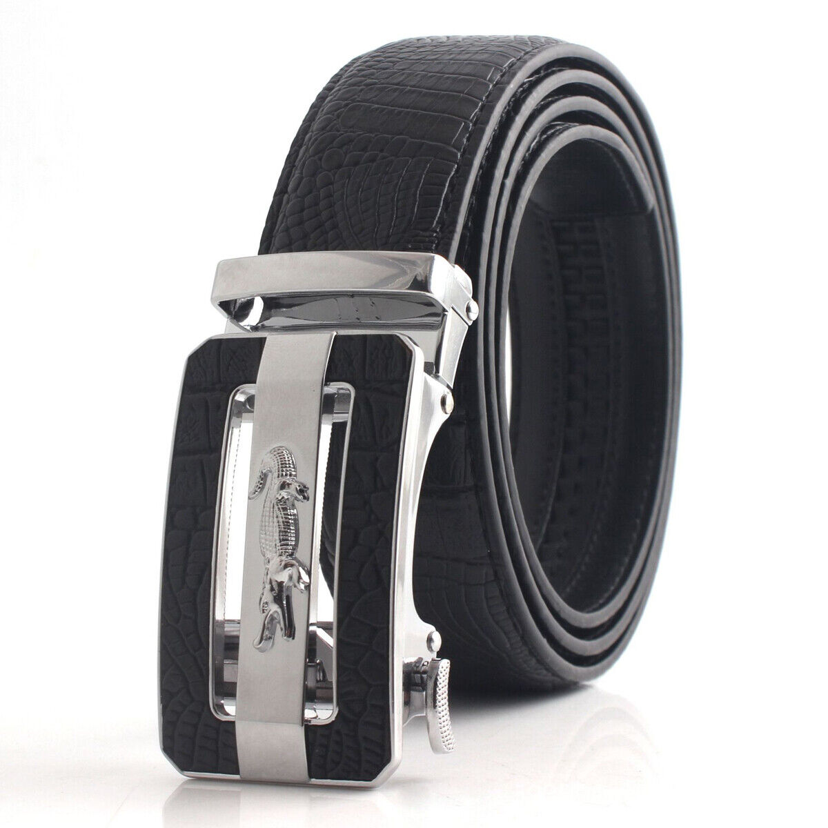 Men's Black Leather Ratchet Belt - Automatic Crocodile Buckle, Adjustable 47" Length, 1.37" Width, Premium Design, Perfect for Any Occasion