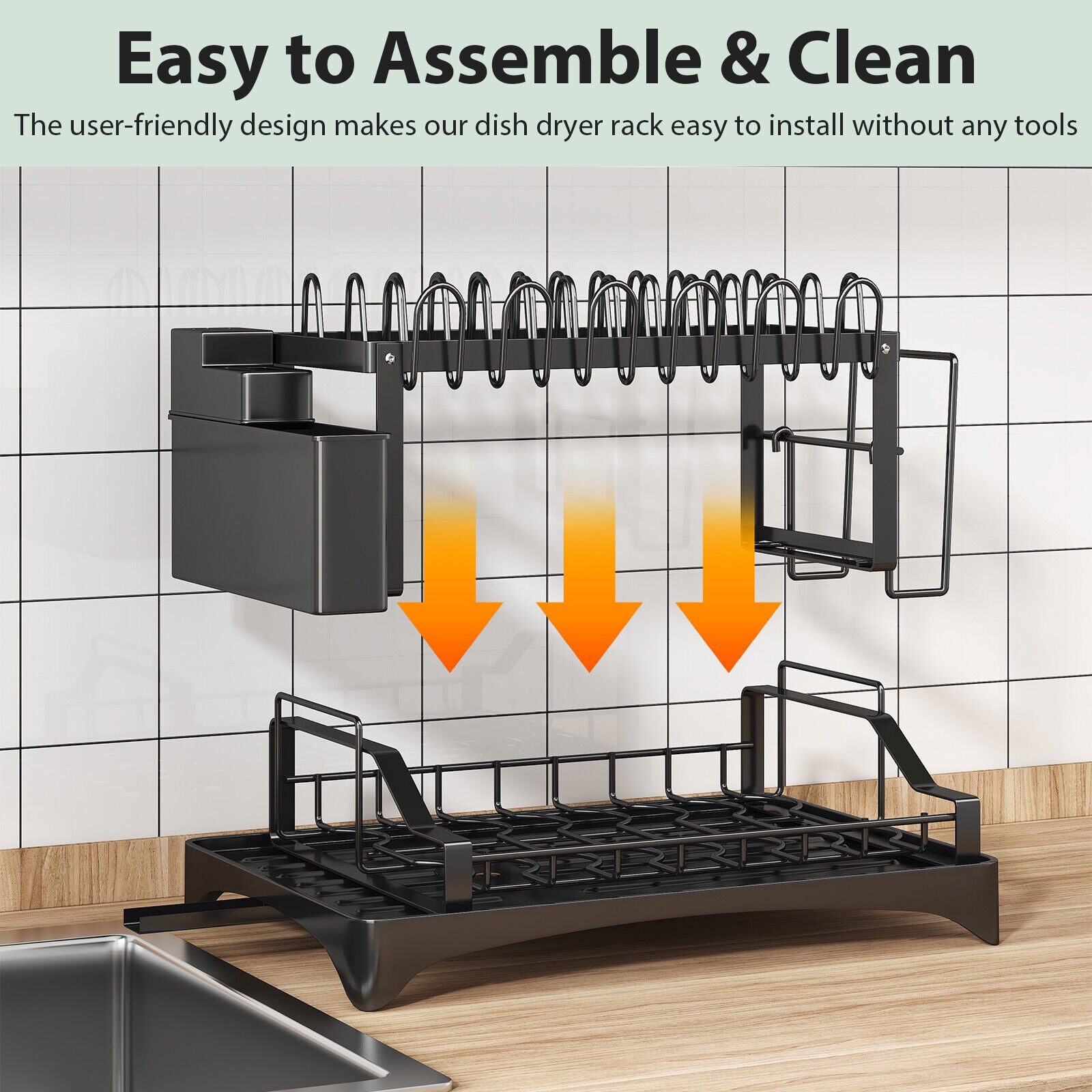 2-Tier Dish Drying Rack for Kitchen | Stainless Steel Organizer with Auto-Draining System, Utensil Holder, Cup Rack | Rustproof & Space-Saving Design