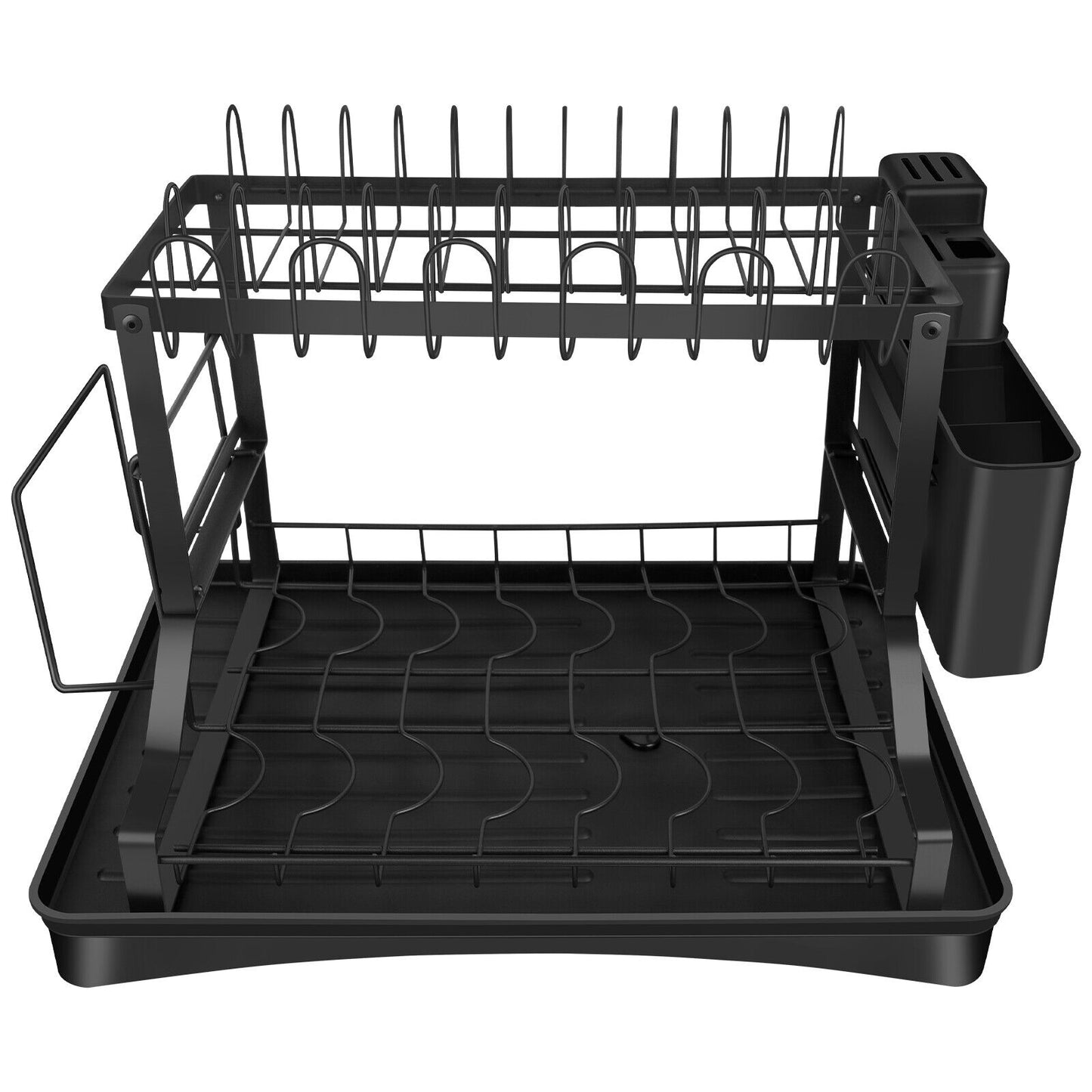 2-Tier Dish Drying Rack for Kitchen | Stainless Steel Organizer with Auto-Draining System, Utensil Holder, Cup Rack | Rustproof & Space-Saving Design