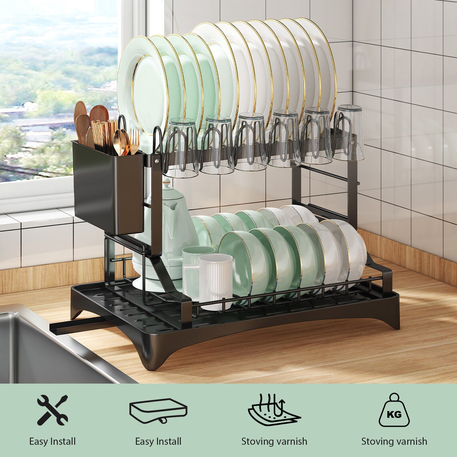 2-Tier Dish Drying Rack for Kitchen | Stainless Steel Organizer with Auto-Draining System, Utensil Holder, Cup Rack | Rustproof & Space-Saving Design