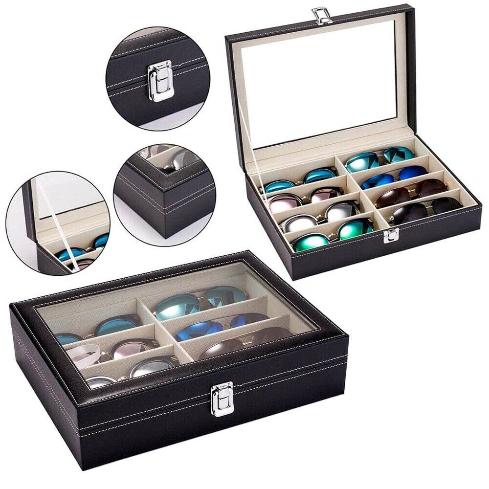 8-Slot Eyeglasses Organizer Box | Stylish Wooden Sunglasses Display Case with Clear Lid | Scratch-Free Storage for Home or Shop Display