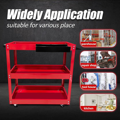 3-Tier Rolling Tool Cart with Wheels - Heavy-Duty Utility Work Cart, 400lbs Capacity, Side Tool Slots & Locking Casters for Garage, Workshop, Home Use