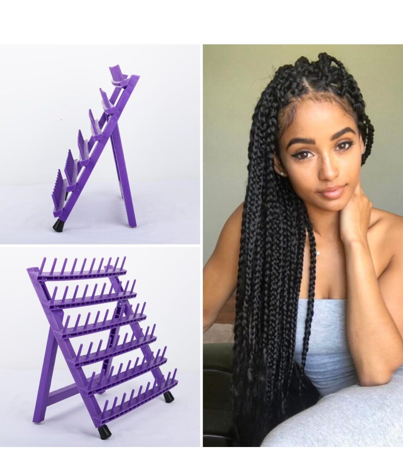 60 Peg Braiding Hair Rack - Portable Hair Extension Holder for Stylists, Durable Foldable Organizer Stand for Quick Access, Purple Design Plastic Tool