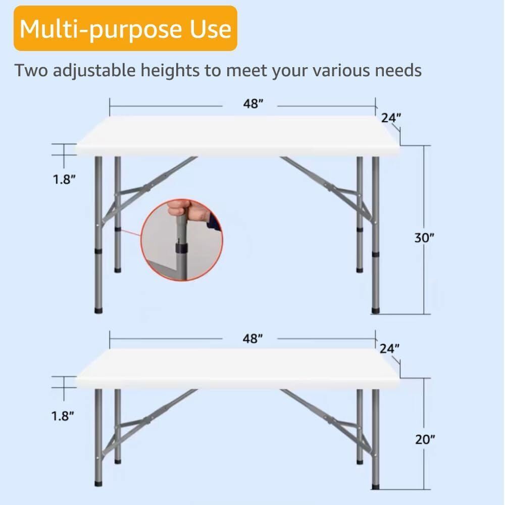 Portable Heavy Duty Folding Camping Table - Adjustable Height, Scratch-Resistant Plastic Desk for Outdoor BBQ, Picnic, Party, Indoor Events