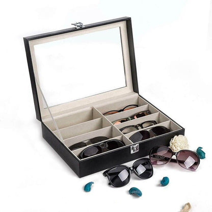 8-Slot Eyeglasses Organizer Box | Stylish Wooden Sunglasses Display Case with Clear Lid | Scratch-Free Storage for Home or Shop Display