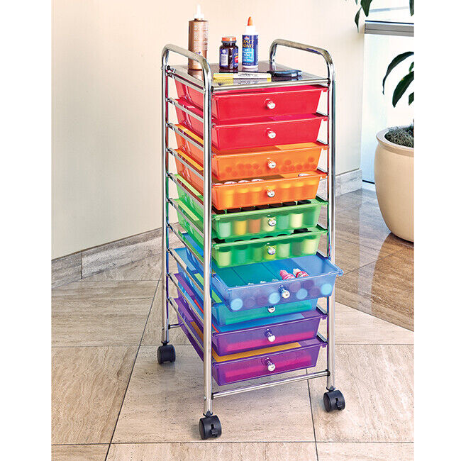 10-Drawer Organizer Cart with Chrome Finish | Classics Rolling Storage Cart for Home, Office, Crafts, and Classroom | Colorful & Versatile