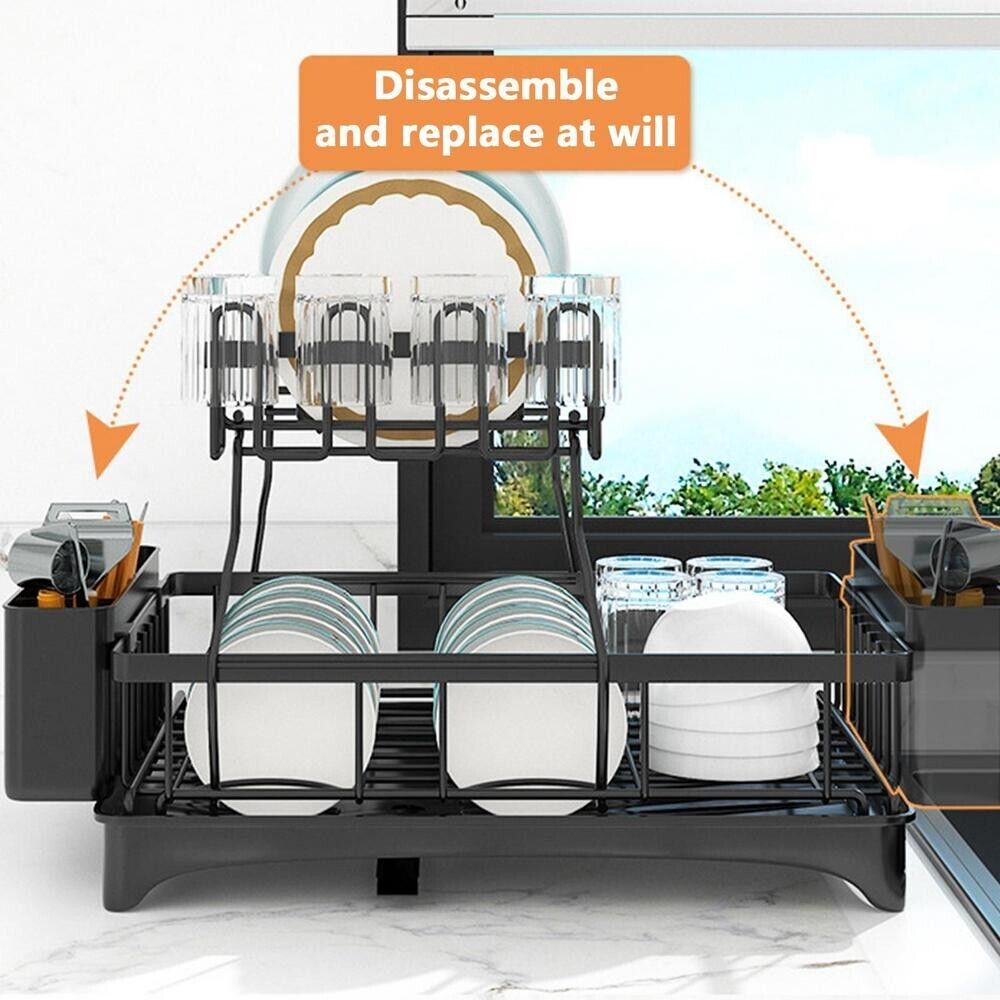 Dish Drying Rack 2-Tier Large - Carbon Steel, Utensil Holder, Drainboard, Fast Drainage, Easy Tool-Free Assembly for Kitchen Countertop Storage Drying