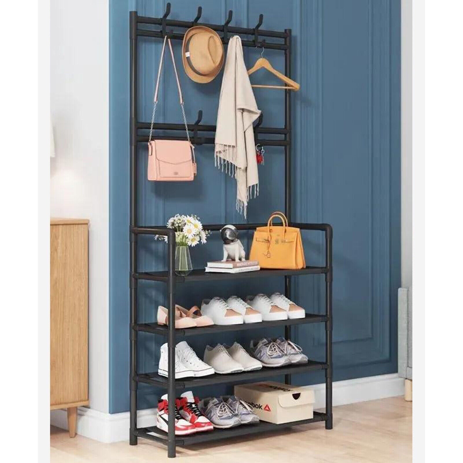 Coat Rack Shoe Bench Combo with 4-Tier Storage Shelves, 8 Hooks | Hallway Entryway Organizer for Coats, Shoe, Hanger Installation Plastic Set Hangable