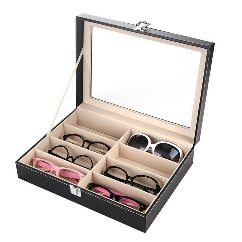 8-Slot Eyeglasses Organizer Box | Stylish Wooden Sunglasses Display Case with Clear Lid | Scratch-Free Storage for Home or Shop Display