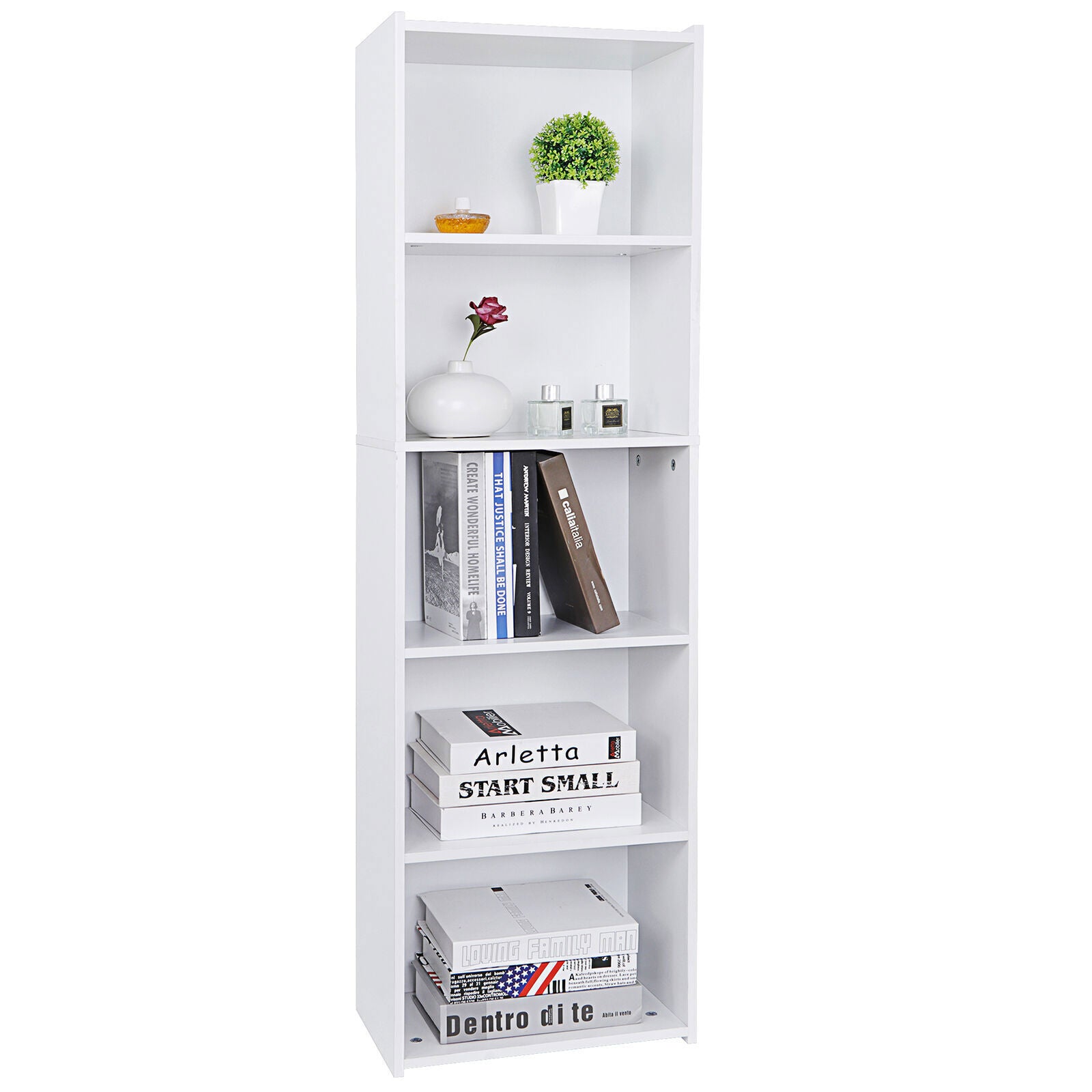 5-Tier Open Shelf Bookcase for Modern Home Storage – Reversible White Bookshelf for Living Room, Office, or Bedroom, Sturdy Wood Display Shelves