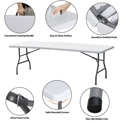 Portable 8ft Folding Table w/ Handle & Lock – Heavy Duty for Camping, Picnics, Parties & BBQs! Durable, Easy to Clean, Compact Storage