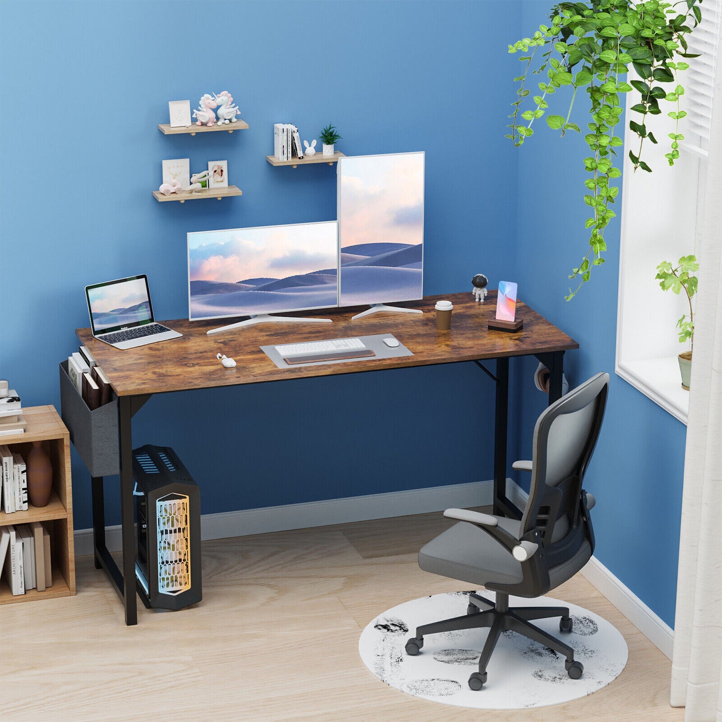 Computer Office Desk Writing Study Work Modern Simple Style Wooden Table with Storage Bag & Iron Hook for Home Bedroom