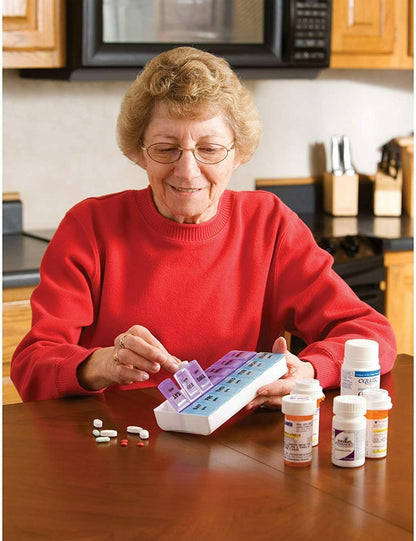Weekly Pill Organizer 7-Day AM/PM Dispenser - Easy Push Buttons, Clear Lid, Large Compartments for Daily Medication, Perfect for Travel & Home Use