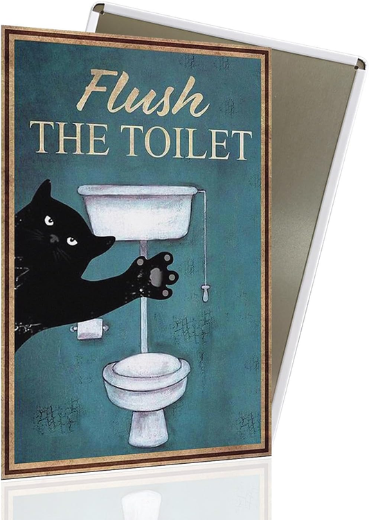 Vintage Black Cat Hanging Metal Poster Sign - Flush the Toilet Cat Art, Durable Tin Sign Gift, Artistic Wall Room Kitchen Home Matte Ornaments Print