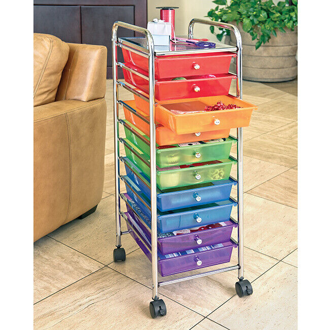 10-Drawer Organizer Cart with Chrome Finish | Classics Rolling Storage Cart for Home, Office, Crafts, and Classroom | Colorful & Versatile