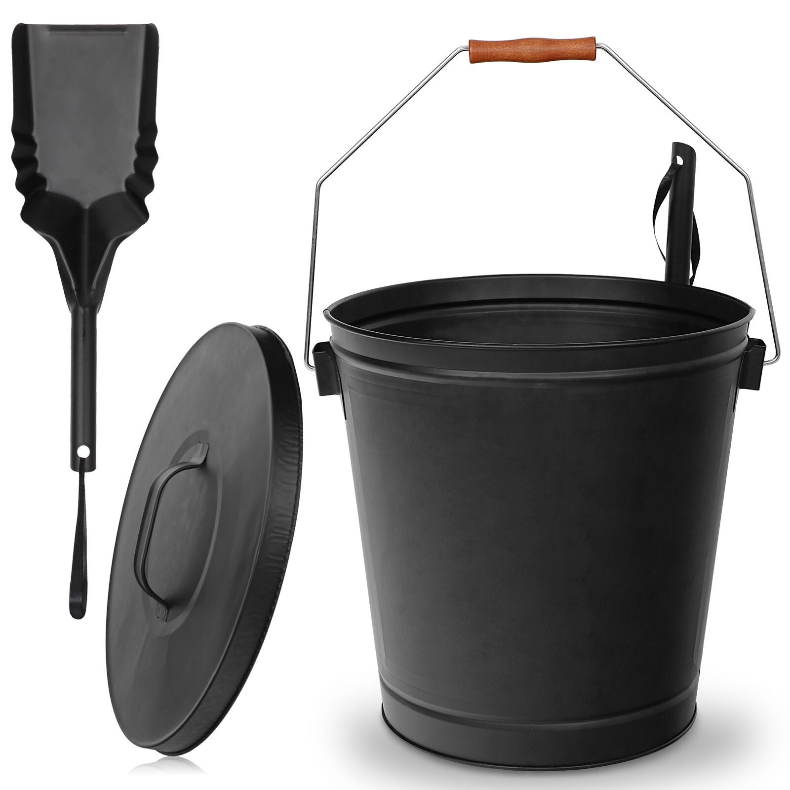 5.15 Gallon Metal Ash Bucket with Lid & Shovel – Fireplace Ash Removal for Fire Pits, Stoves, & Fireplaces, Easy Cleanup, Durable Handle & Wooden Grip