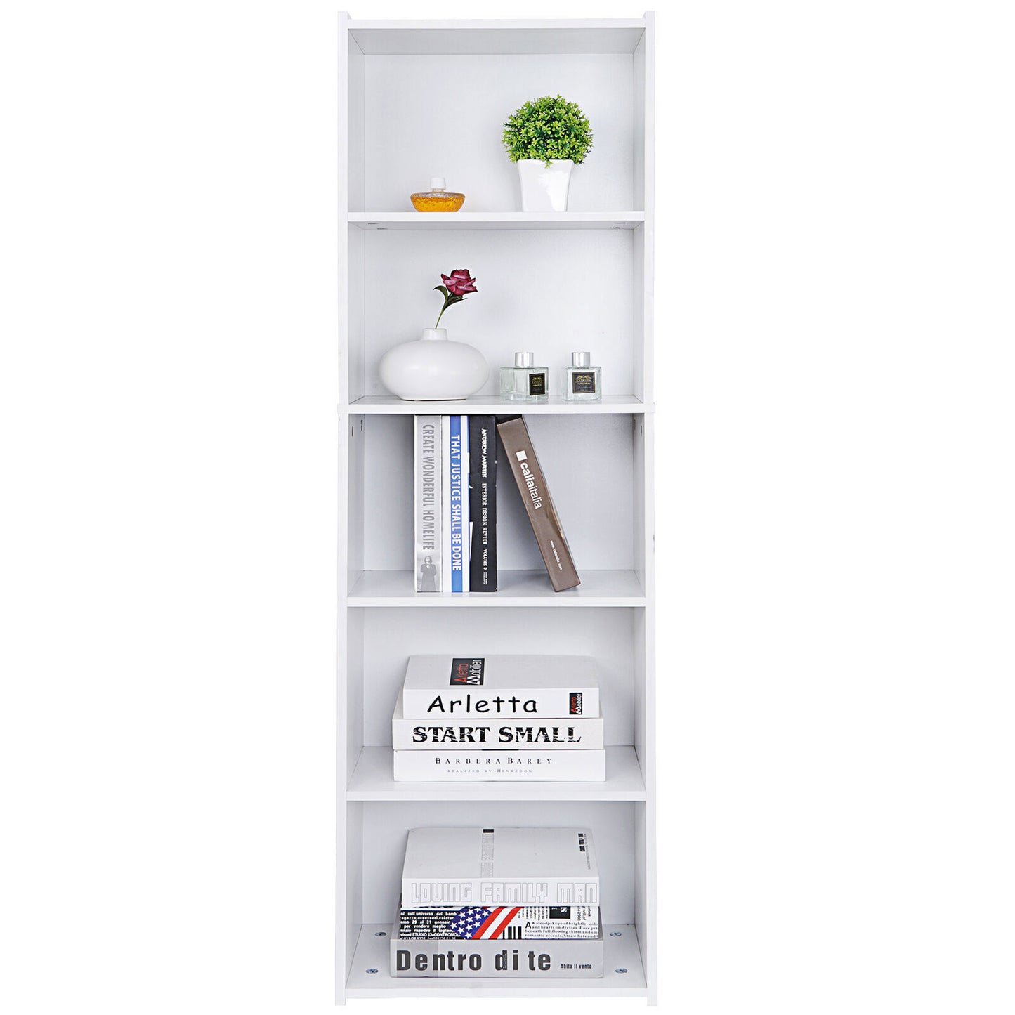 5-Tier Open Shelf Bookcase for Modern Home Storage – Reversible White Bookshelf for Living Room, Office, or Bedroom, Sturdy Wood Display Shelves