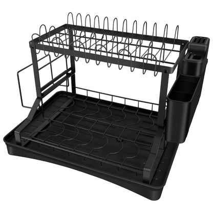 2-Tier Dish Drying Rack for Kitchen | Stainless Steel Organizer with Auto-Draining System, Utensil Holder, Cup Rack | Rustproof & Space-Saving Design