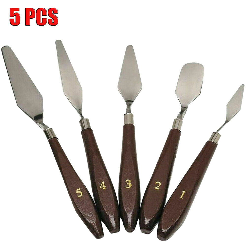 5pc Metal Palette Knife Set for Oil & Acrylic Painting, Stainless Steel Spatulas for Artists, Canvas Art Tools with Wood Handle for Smooth Application