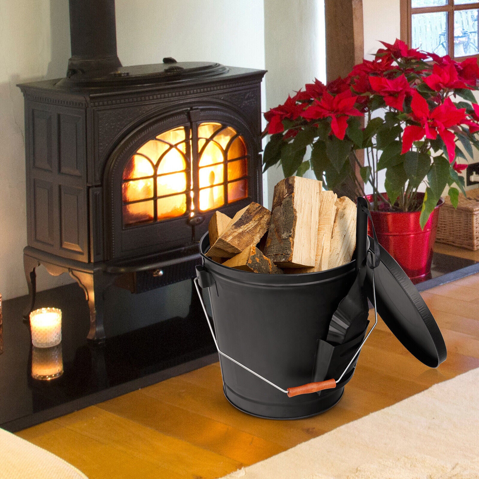 5.15 Gallon Metal Ash Bucket with Lid & Shovel – Fireplace Ash Removal for Fire Pits, Stoves, & Fireplaces, Easy Cleanup, Durable Handle & Wooden Grip