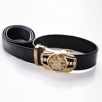 Men's Gold Buckle Leather Belt | Formal & Casual Adjustable Auto Ratchet Design | Stylish, Durable Black Belt for Suits, Jeans & Everyday Wear