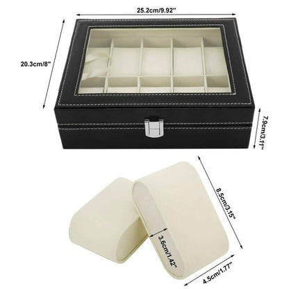 10-Slot Leather Watch Box | Stylish Glass Display Case & Organizer for Jewelry Storage | Compact, Durable, Perfect for Collections & Gifting