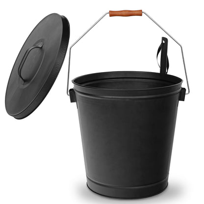 5.15 Gallon Metal Ash Bucket with Lid & Shovel – Fireplace Ash Removal for Fire Pits, Stoves, & Fireplaces, Easy Cleanup, Durable Handle & Wooden Grip