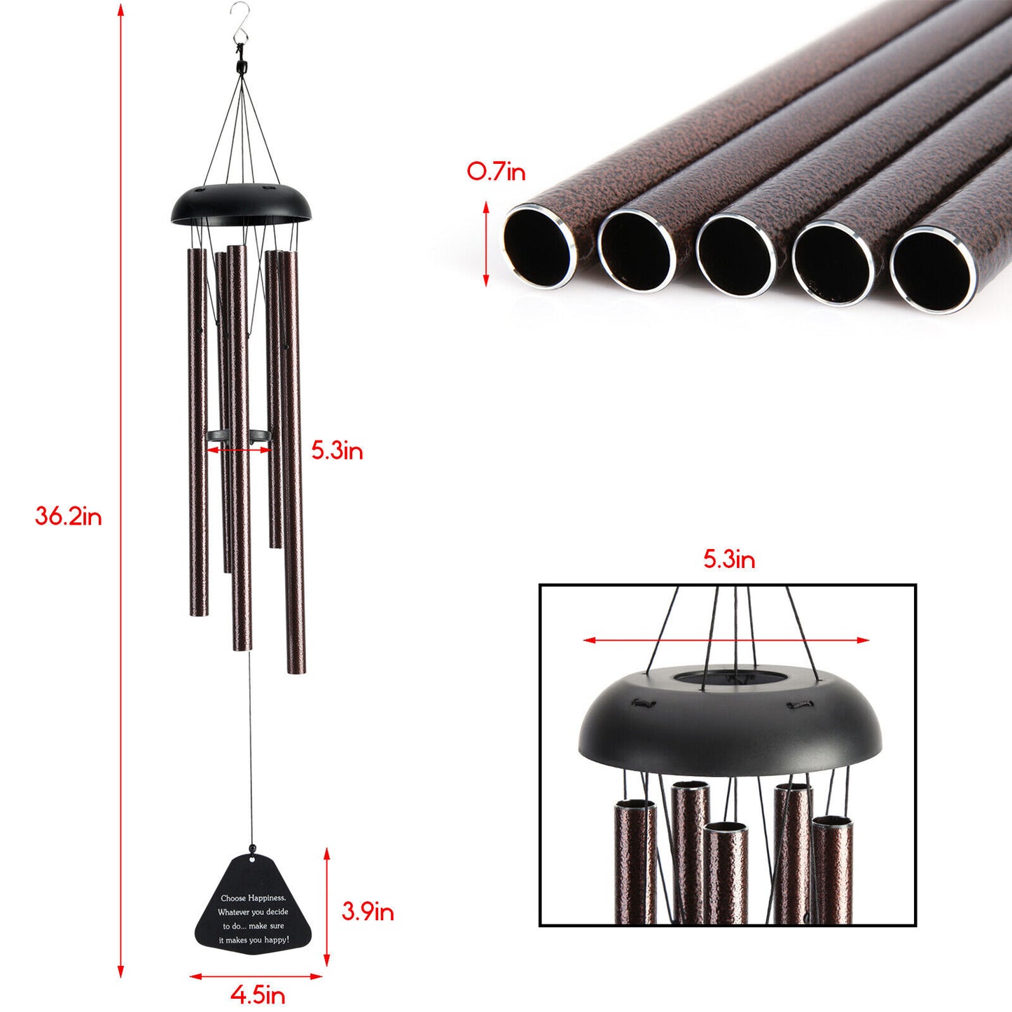 36-Inch Wind Chimes Outdoor Large Deep Tone – Adjustable Tuned Garden Decor, Premium Aluminum, 5 Tubes, Lucky Pendant, Perfect Gift Idea