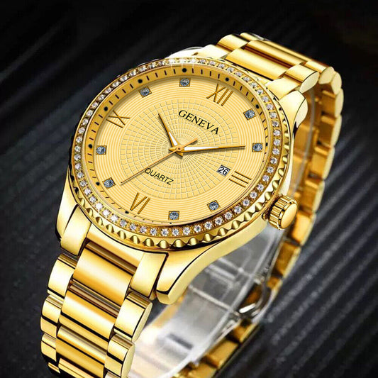 Men's Gold Quartz Watch | Waterproof Stainless Steel Classic with Diamond Accents | Luxury Business Gift for Husband, Friends & More