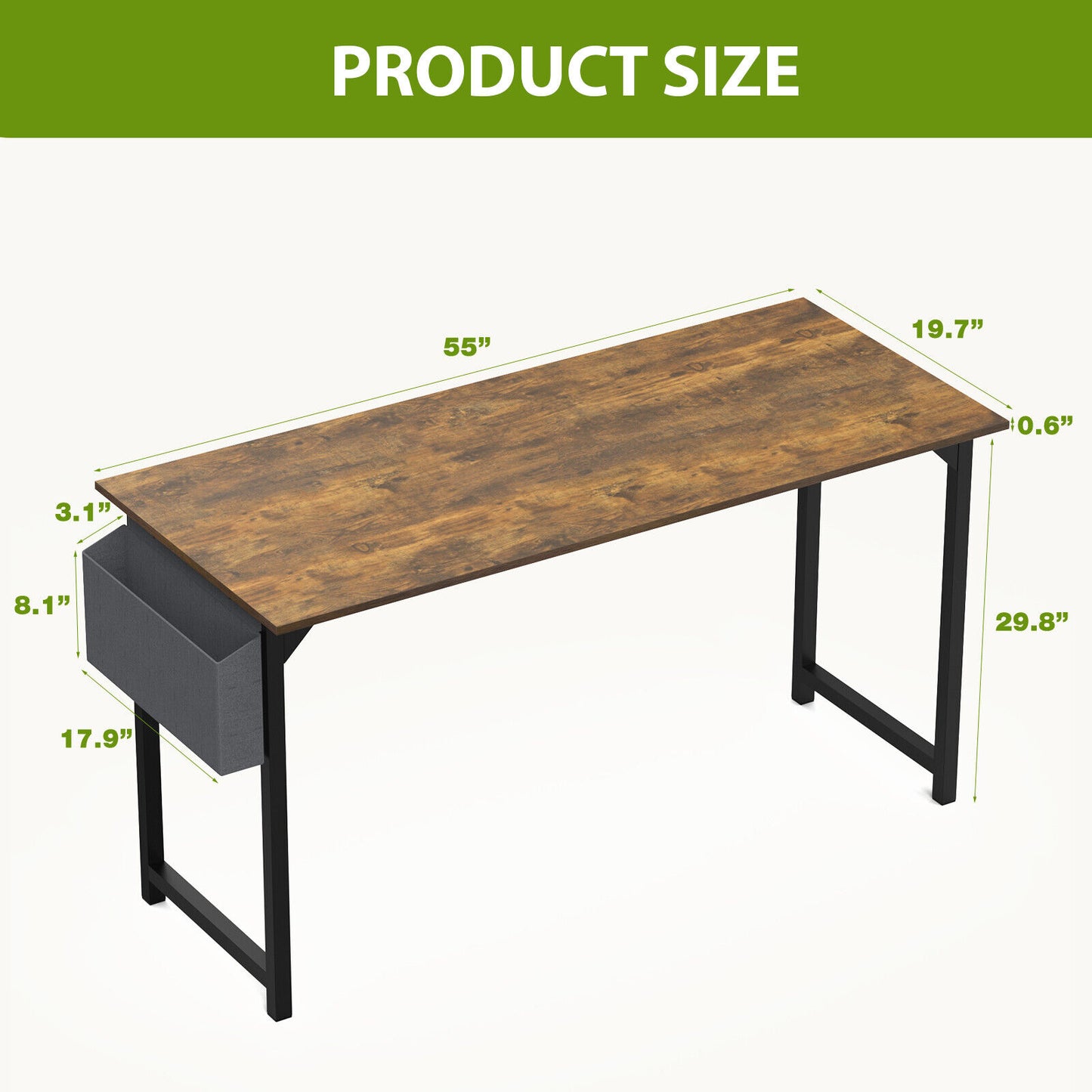 Computer Office Desk Writing Study Work Modern Simple Style Wooden Table with Storage Bag & Iron Hook for Home Bedroom