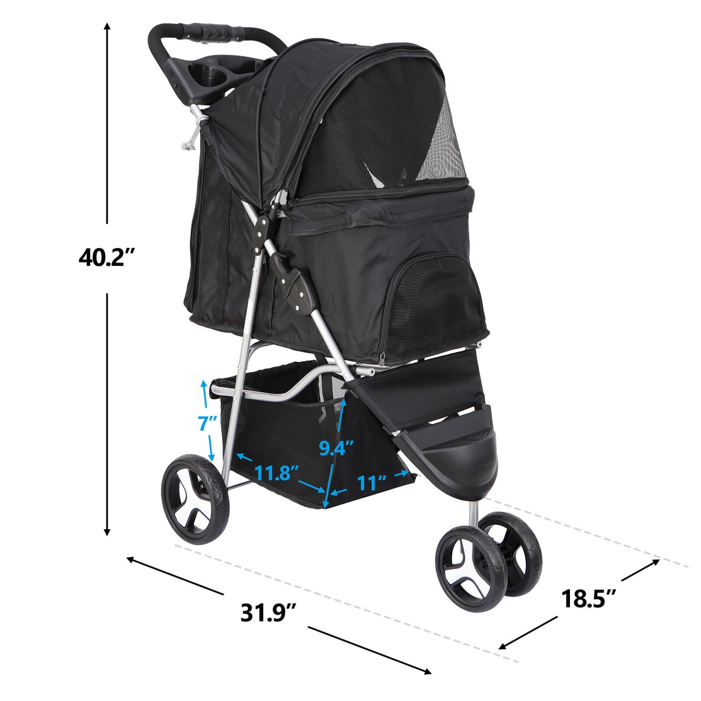 Dog Stroller 3-Wheel Foldable Pet Travel Cart w/ Mesh Window, Cup Holder & Storage - Perfect for Small, or Senior Pets on Walks & Jogs