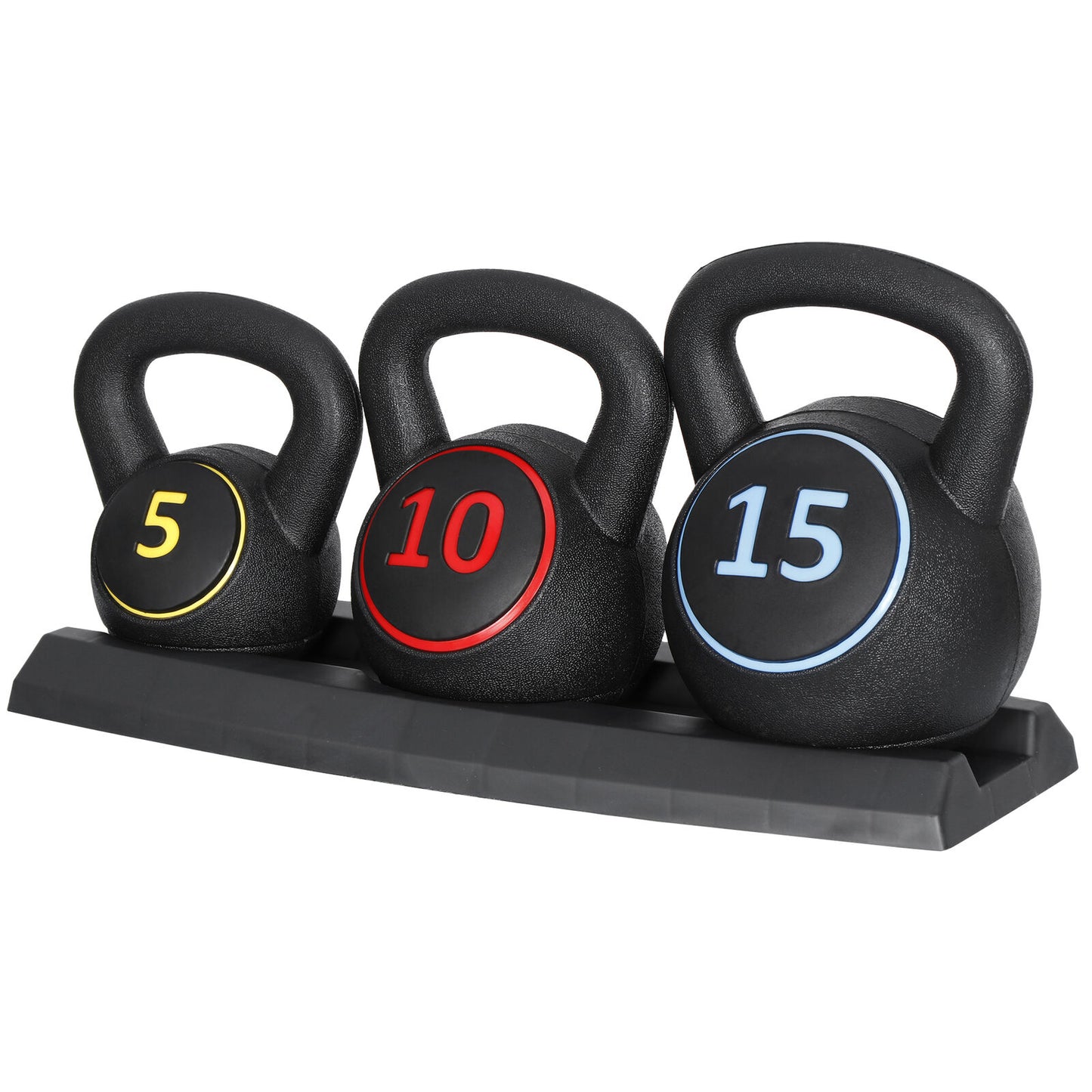 Pro 3-Piece Kettlebell Set with Rack 5, 10, 15lb Weights for Strength Training, Fitness, and Full-Body Workouts, Wide Comfortable Grip, Durable Design