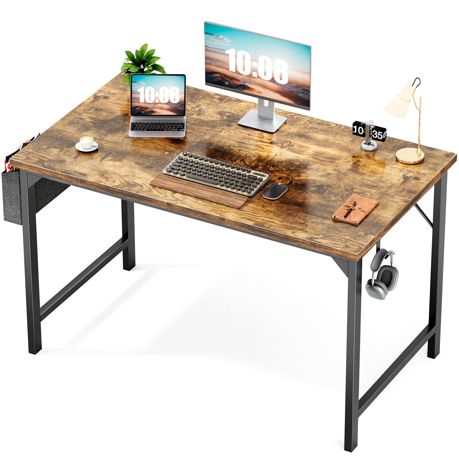 Computer Office Desk Writing Study Work Modern Simple Style Wooden Table with Storage Bag & Iron Hook for Home Bedroom