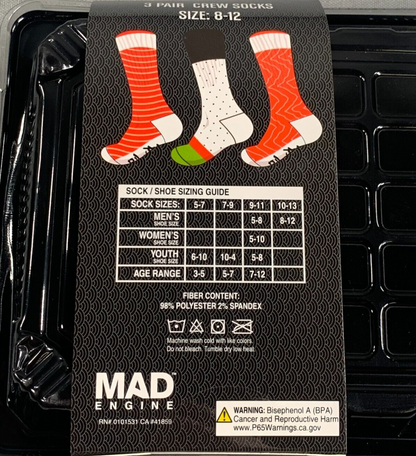 Sushi Sock Mad Engine Sushi Socks 3 Pair Crew Set Fun Novelty Gift Size 8-12 #3439