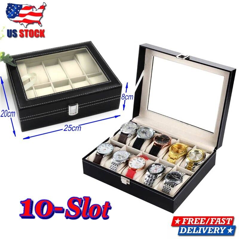 10-Slot Leather Watch Box | Stylish Glass Display Case & Organizer for Jewelry Storage | Compact, Durable, Perfect for Collections & Gifting