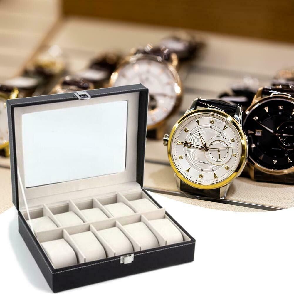 10-Slot Leather Watch Box | Stylish Glass Display Case & Organizer for Jewelry Storage | Compact, Durable, Perfect for Collections & Gifting