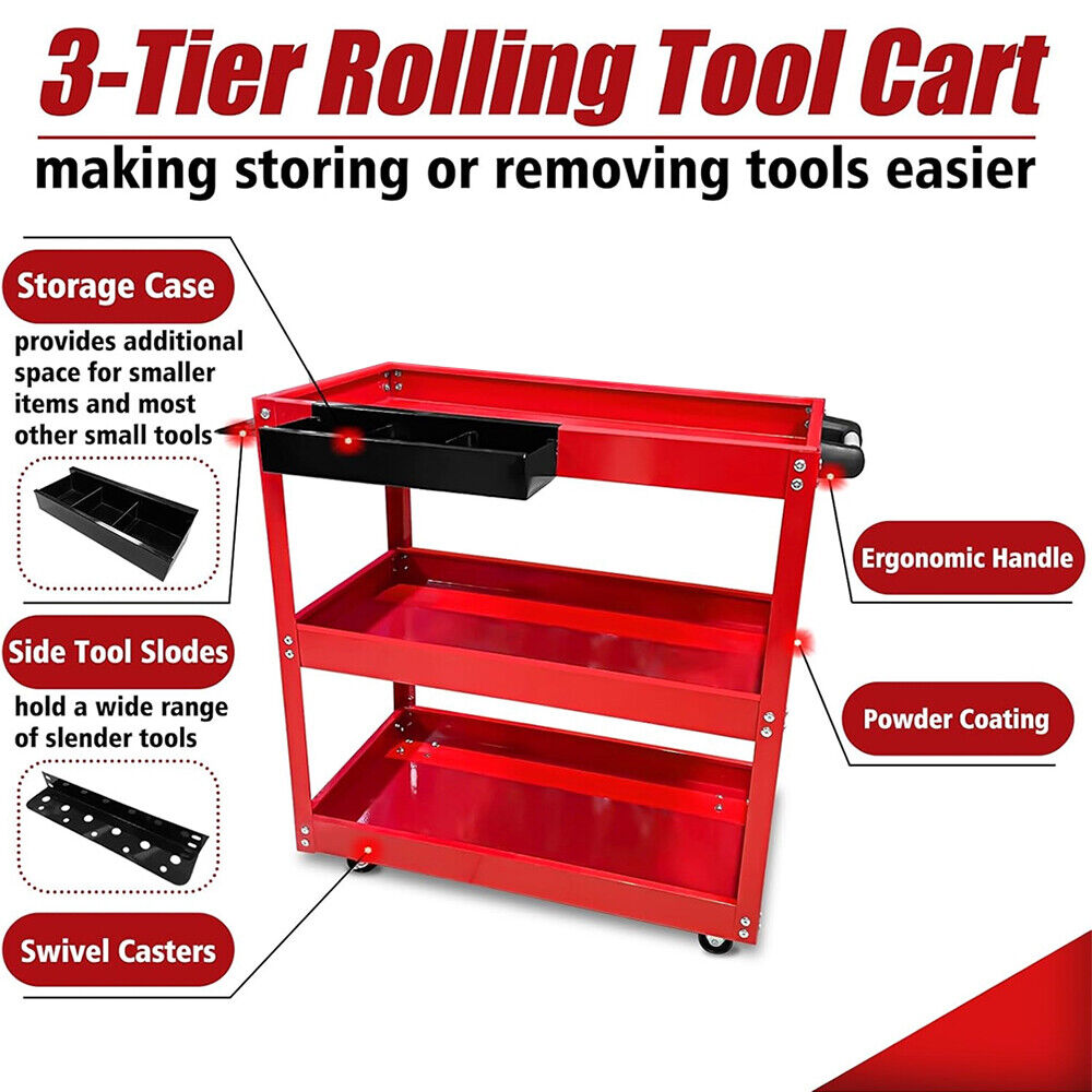 3-Tier Rolling Tool Cart with Wheels - Heavy-Duty Utility Work Cart, 400lbs Capacity, Side Tool Slots & Locking Casters for Garage, Workshop, Home Use