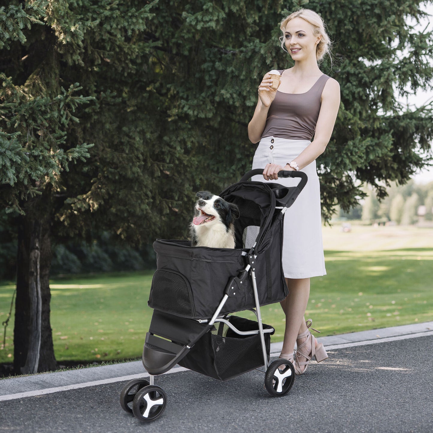 Dog Stroller 3-Wheel Foldable Pet Travel Cart w/ Mesh Window, Cup Holder & Storage - Perfect for Small, or Senior Pets on Walks & Jogs