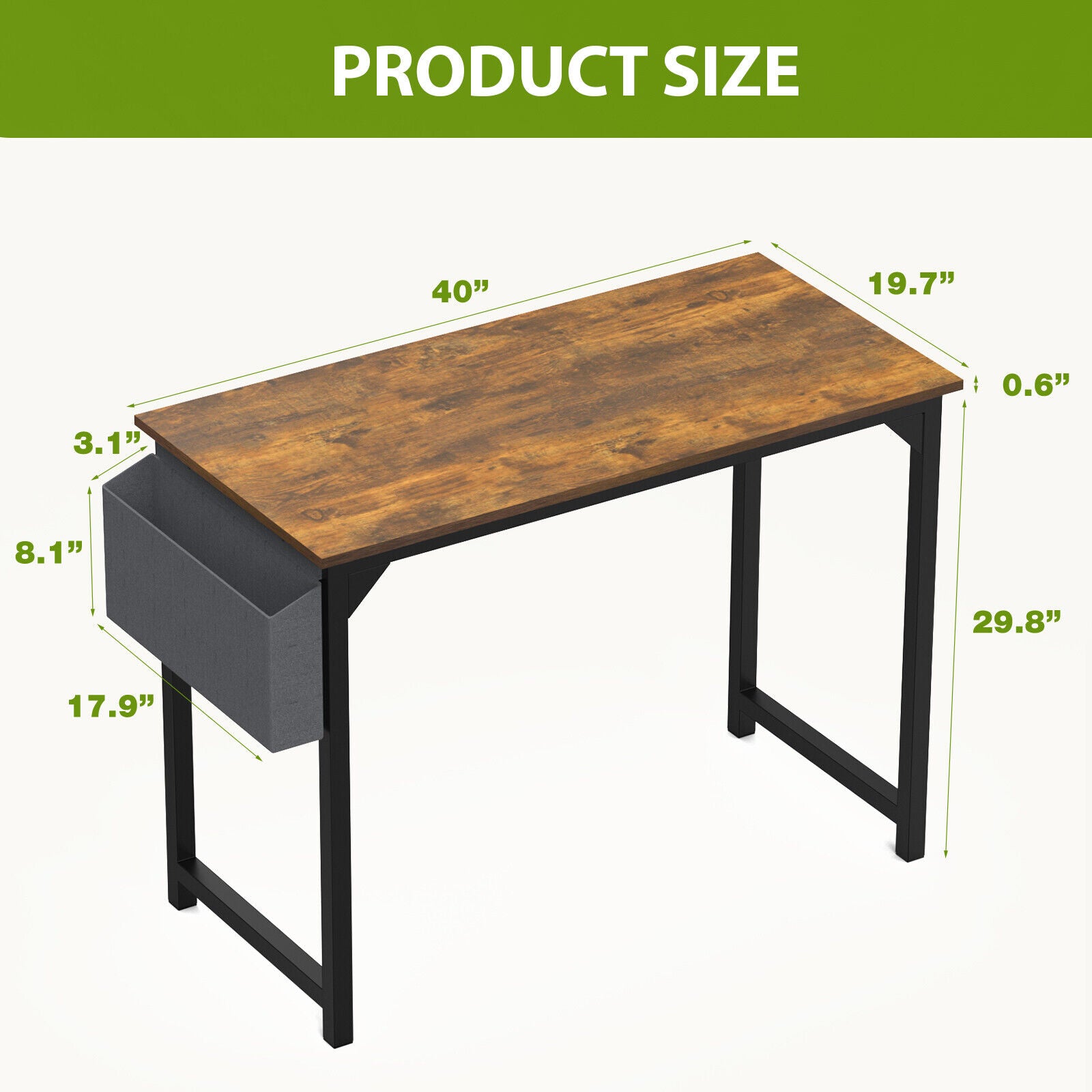 Computer Office Desk Writing Study Work Modern Simple Style Wooden Table with Storage Bag & Iron Hook for Home Bedroom