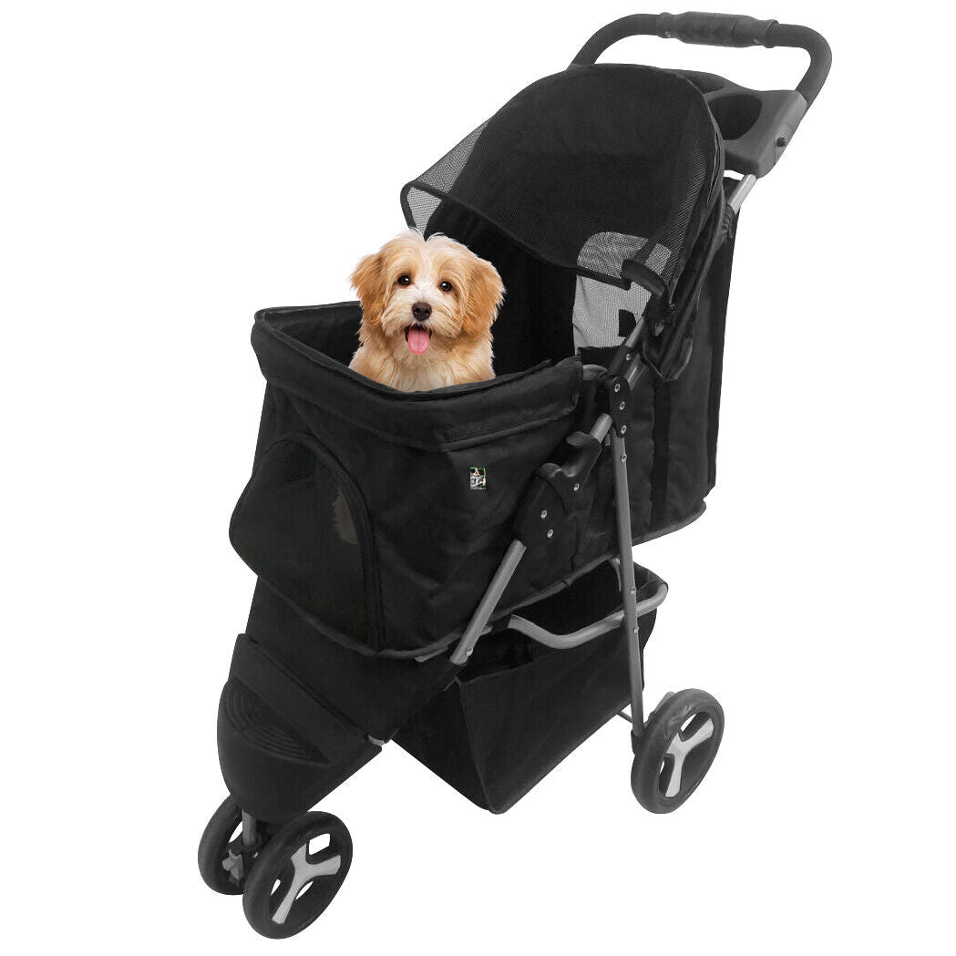 Dog Stroller 3-Wheel Foldable Pet Travel Cart w/ Mesh Window, Cup Holder & Storage - Perfect for Small, or Senior Pets on Walks & Jogs