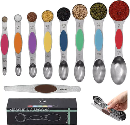 Magnetic Measuring Spoons Set of 9 – Dual-Sided Stainless Steel Spoons with Leveler, Space-Saving Kitchen Tool Oval Utensils Measure Scoop Spice